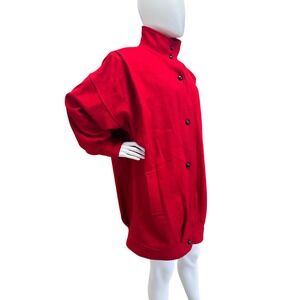 Vintage 80s Oversized Red Wool Blend Funnel Neck Button Front Coat Baggy Med
